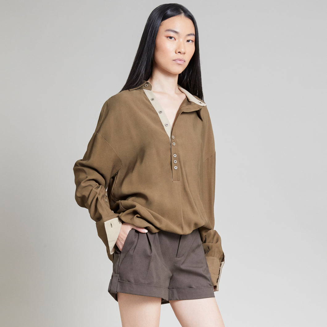TAYLOR COLORBLOCK PULLOVER SHIRT OLIVE AND KHAKI COMBO